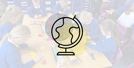 Ysgol Bryn Garth pupils working with a globe icon over the image
