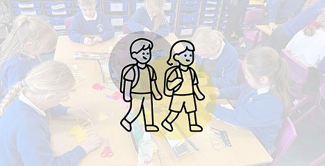 Disgyblion Ysgol Bryn Garth gyda eicon gwisg ysgol dros y llun